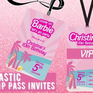 Lets Go Party Birthday Plastic VIP Pass Movie Invitation Pink Doll Party Girl Birthday Invites and Party Favors