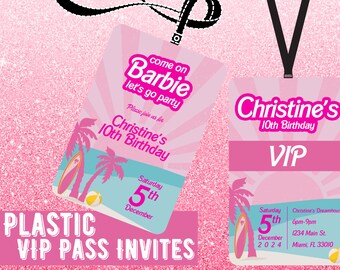 Lets Go Party Birthday Plastic VIP Pass Movie Invitation Pink Doll Party Girl Birthday Invites and Party Favors