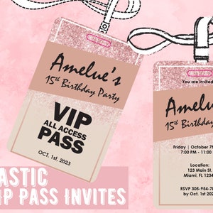 Party Invitation Glitter Glam VIP Pass Sweet 16 Invite, Quinceanera Invitation, Bat Mitzvah Invitation. VIP Pass PVC Plastic Card badge Pass