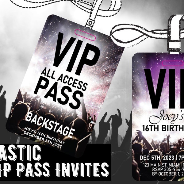 Concert theme Plastic PVC Backstage Pass, VIP Pass, Concert Ticket, All Access Pass. Music Themed Birthday Invite, Party Favor