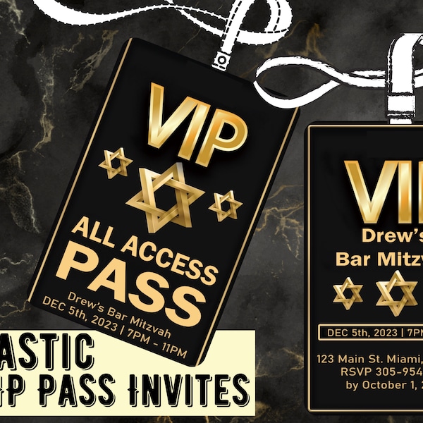Bar Mitzvah Bat Mitzvah VIP Pass Plastic Invitations. FULLY CUSTOM All Access Party pass with Lanyard Included.