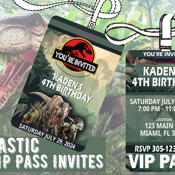 Jurassic Park Themed Party Invites VIP All Access badge. Dinosaur Themed party Invitations. VIP Pass ID Badge for Kid's Party.