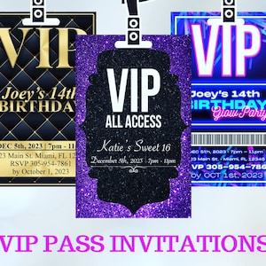 VIP Pass Party PVC Plastic invitations Sweet 16 Quinceanera Ideas Birthday invitations. vip ID badges for private events. Lanyard Included