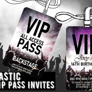 VIP Pass for Concerts or Private Parties. Concert Music Themed Sweet 16 parties, Birthday party, Bar Mitzvah, Kids Party Invitation.