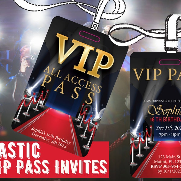 VIP Red Carpet Invitations . birthday invitation Cards. VIP Guest all access pass. Sweet 16 Birthday Invitations. Quinceanera Party Invites.