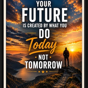 May include: A framed wall art print featuring a sunset landscape with a mountain range, a lake, and a person standing on a rocky path. The text reads: YOUR FUTURE IS CREATED BY WHAT YOU DO Today NOT TOMORROW, with a mountain icon and three stars.