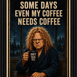 May include: A framed poster featuring a person with curly red hair wearing a dark blue robe, holding a black mug that says DON'T TALK. YET. The text above reads SOME DAYS EVEN MY COFFEE NEEDS COFFEE. The background shows a dark, rainy window scene.