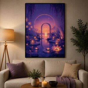 Puede incluir: Una impresión artística enmarcada representa un paisaje sereno y onírico. La obra presenta un cuerpo de agua con flores de loto flotantes, iluminadas por una luz suave. Arcos y un cielo de puesta de sol crean una sensación de profundidad y tranquilidad. La paleta de colores incluye morados, naranjas y azules.