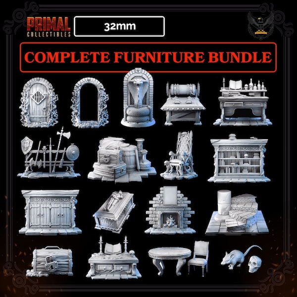 Primal Collectibles - Complete Furniture Pack - 17 Miniatures for HeroQuest / D&D / Roleplaying