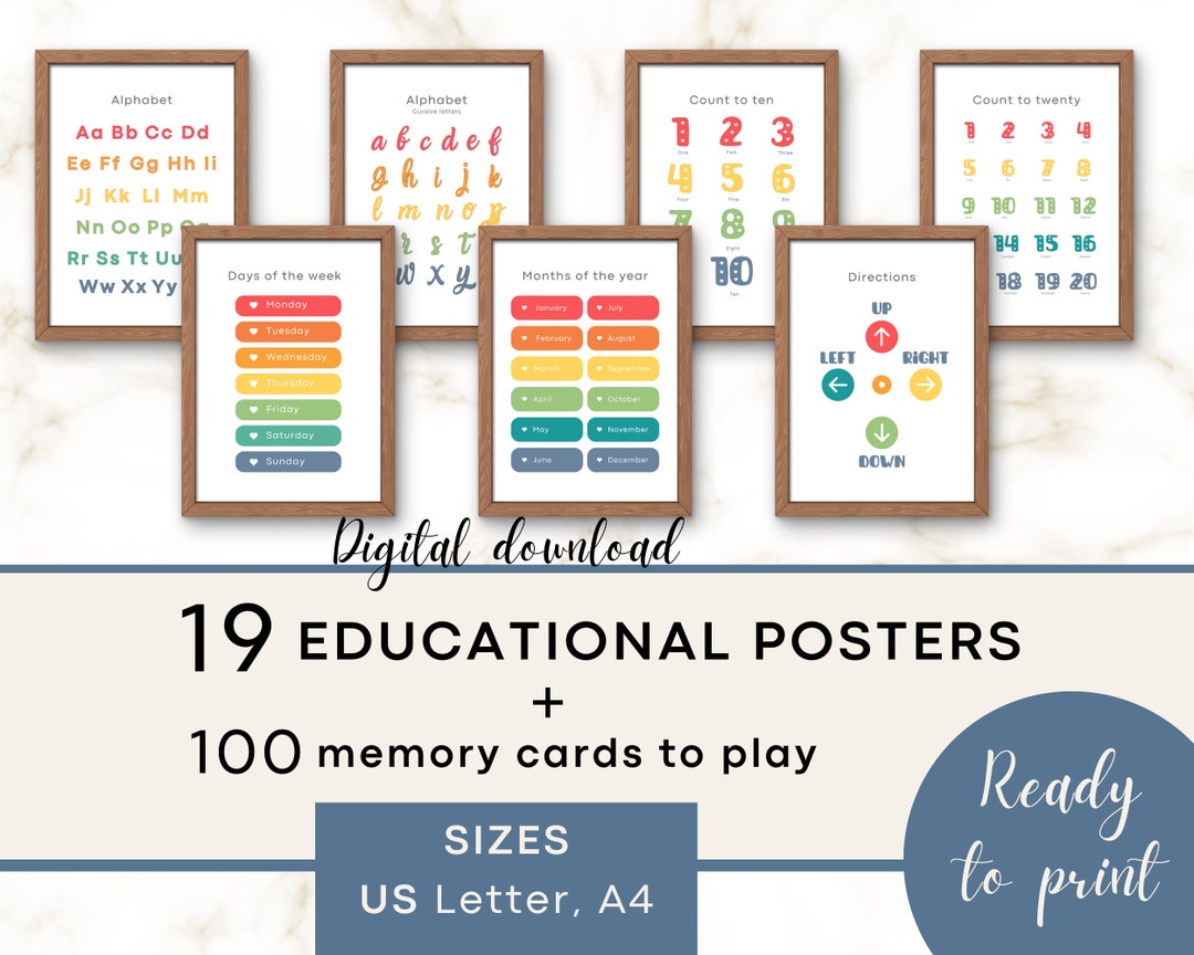 19 Educational Posters Printables and 100 Memory Cards Game, Playroom ...
