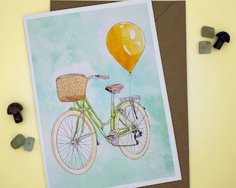 Bicycle with Balloon, Illustration, Watercolour, Cute, Quirky Birthday Balloon Card For Him/Her/Boyfriend/Girlfriend