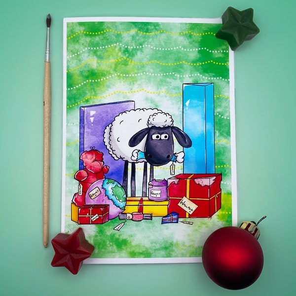 Shaun The Sheep in the Presents, Funny Christmas Card, Greetings Cards, Watercolour, Wallace & Gromit For Mum/Dad/Brother/Sister/Partner