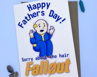 Fallout geïnspireerd Vault-Tec Bald Vault Boy Fathers Day Card wenskaart, illustratie, voor papa/hem/vriend/man