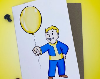 Fallout geïnspireerd Vault-Tec Vault Boy gepersonaliseerde verjaardagskaart wenskaart, illustratie, voor hem/haar/vriend/vriendin