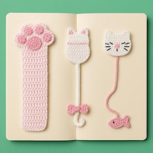 Marcapáginas de crochet 3 en 1 con forma de pata de gato (rosa suave): un bonito regalo para amantes de los libros. Patrón de marcapáginas de crochet sin costuras (en PDF).