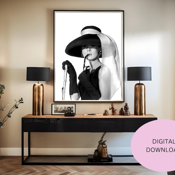 Audrey Hepburn Art Print | DIGITAL DOWNLOAD | Vintage Hollywood Decor | Iconic Actress Portrait |Wall Art | Home Decor | Black and White