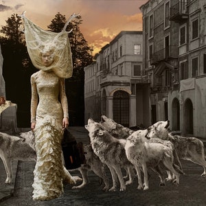 Giclee Fine Art Print ,Surreal Collage ,Pop Surrealism ,Wall Art &quot; Bride and Wolves&quot;