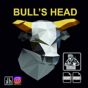 Peut inclure: Un design géométrique de tête de taureau, composé de triangles blancs et gris, avec des cornes jaunes. Le design est intitulé "BULL'S HEAD" et est un projet de soudage. L'image comprend également le texte "WELDING PROJECT", "DXF" et "PDF".