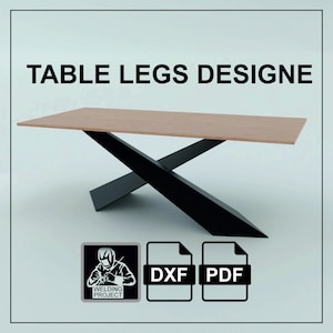 Puede incluir: Una descarga digital de planos para una mesa con una tapa de madera y patas en forma de X de metal negro. Los planos están disponibles en formatos DXF y PDF. La imagen también incluye un logotipo para un proyecto de soldadura.
