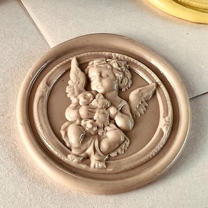 Elegante sello de lacre de latón con forma de ángel y flores, cabeza redonda de 25 mm, para invitaciones de boda, regalos, cartas y diarios.
