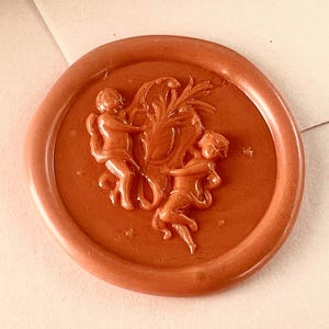 Sello de lacre de Querubín Noche Estrellada: sello de latón de 25 mm con dos ángeles y diseño floral para cartas, regalos e invitaciones románticas.