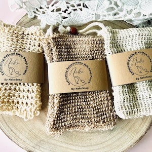 Pochette de protection pour savon écologique. Sachet de savon exfoliant zéro déchet. Sac en filet respectueux de l'environnement. Sac à savon naturel avec cordon de serrage pour le bain et la douche.