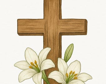 Ele Ressuscitou PNG | Cruz Cristã da Páscoa com Lírios | Download Digital com Base na Fé