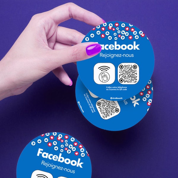 Autocollant NFC + QR code pour plus de followers Facebook, visibilité vitrine/comptoir/mobilier, promotion en ligne