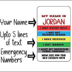 Special Needs, Autistic, Non-verbal, Handicap Medical Tag, Medical.  Text lines can be customized. 3 logos to pick from.