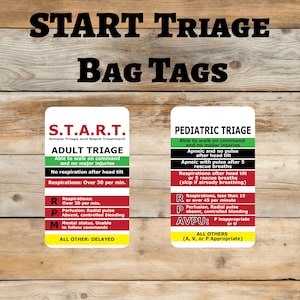 May include: Two white rectangular bag tags with black text on a wooden background. The tags read "START TRIAGE BAG TAGS". One tag is for adult triage and the other is for pediatric triage. Each tag has color-coded sections with instructions.