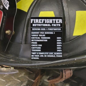 Informations nutritionnelles pour les pompiers Cartes en aluminium pour casques de pompier.  Bandes résistantes et options d'aimants disponibles.