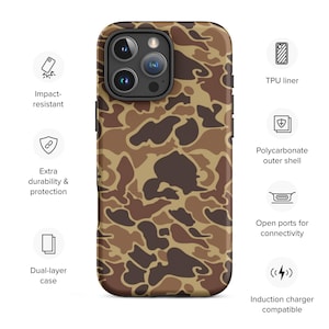 May include: A phone case with a brown and tan camouflage pattern. The case is impact-resistant, has a TPU liner, and a polycarbonate outer shell. It features open ports for connectivity and is induction charger compatible.