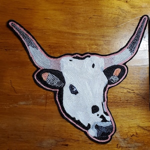 Black and White Longhorn Cow VERY LARGE Handcrank Chainstitch Embroidered Patch