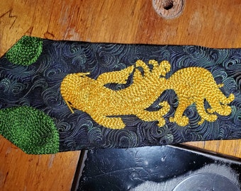 Gold Koi Upcycled Necktie Hand Crank Chain Stitch Embroidery