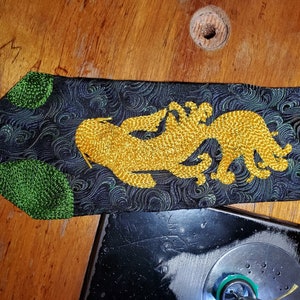 Gold Koi Upcycled Necktie Hand Crank Chain Stitch Embroidery