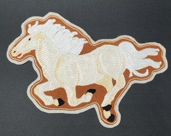 White Horse Running Large Hand Crank Chain Stitch Embroidery Patch