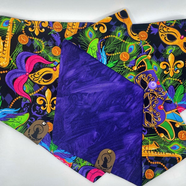 Mardi Gras-Dog Bandana- Festive Pattern- Celebration- Mask- Feathers-Vibrant Colors- Snap- Dog Neckerchief- Dog Scarf- Dog Neckwear