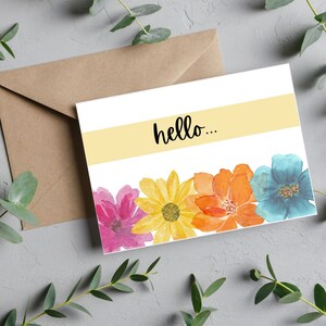 Cartão Olá para impressão Cartão de 4 "x 6" com flores em branco dentro de flores em aquarela Download instantâneo