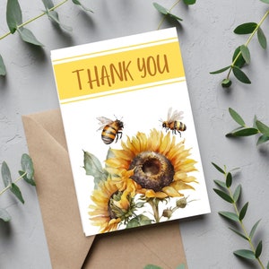 Cartão de agradecimento para impressão Cartão de 4 "x 6" com flores em aquarela Flores em branco dentro de girassóis Download instantâneo