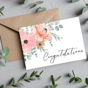 Carte de félicitations imprimable Mariage ou carte de douche nuptiale avec fleurs et plantes vierges à l'intérieur de fleurs aquarelles Téléchargement immédiat