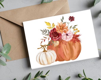 Fall Printable Card | 4"x6" Card w/ Pumpkins | Watercolor Flowers | Blank Inside | Floral & Pumpkins | Instant Download