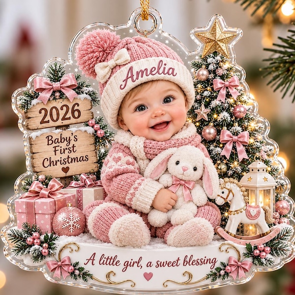 Gepersonaliseerde platte acryl kerstversiering met babynaam, eerste kerstversiering voor de baby, aandenken aan de eerste kerst, kraamcadeau