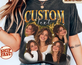 May include: A charcoal gray short-sleeve t-shirt featuring a collage of five photographs of the same person. The graphic includes the gold text "CUSTOM Text" and yellow lightning effects. The shirt has a vintage wash and a crew neckline.