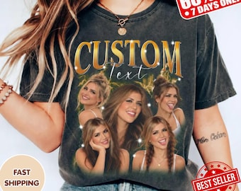 May include: A charcoal gray short-sleeve t-shirt featuring the gold text CUSTOM Text above a collage of four photographs of the same person. The shirt has a vintage wash and is worn with a gold necklace and a beaded bracelet on the wrist.