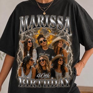 May include: A black short-sleeve t-shirt featuring a graphic print with the text MARISSA and 40TH BIRTHDAY in a metallic font. The design includes a collage of five individuals wearing sunglasses, surrounded by yellow lightning bolt imagery.