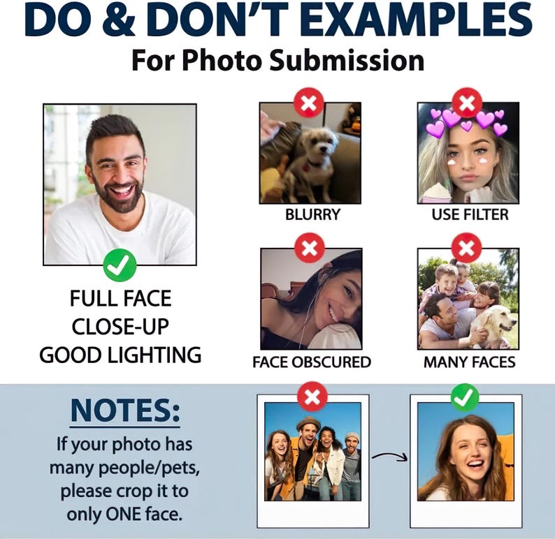 May include: A graphic with the text "DO & DON'T EXAMPLES For Photo Submission". The image shows examples of good and bad photo submissions, including a full-face close-up with good lighting and examples to avoid.