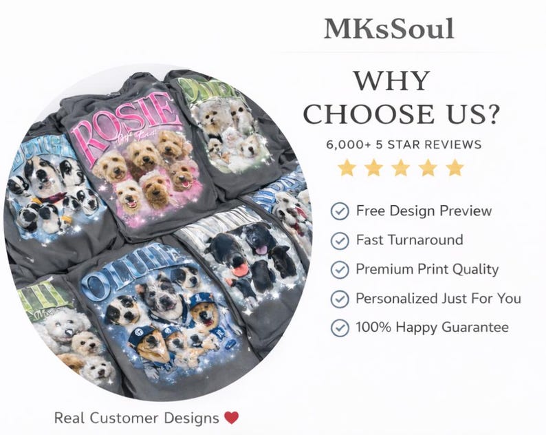 May include: A collection of gray t-shirts featuring custom dog portraits. The shirts display various dog breeds with names like "Rosie" and "Olivia". The image includes text that reads "Why Choose Us?" and "Real Customer Designs".