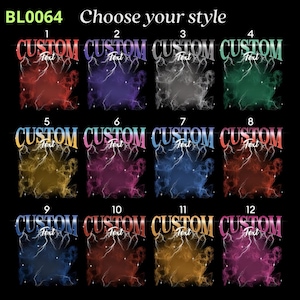 May include: A black background with twelve design options. Each design features the word "CUSTOM" above the word "Text" in a stylized font. Each design has a unique color scheme, including red, purple, gray, green, gold, pink, blue, and orange.