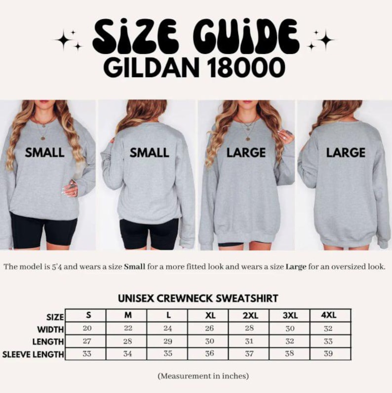 Puede incluir: Gu&iacute;a de tallas para una sudadera de cuello redondo unisex Gildan 18000. Las medidas est&aacute;n en pulgadas, tallas S a 4XL. La imagen muestra modelos que usan sudaderas peque&ntilde;as y grandes. El texto indica que la modelo mide 1,63 m y usa una talla S para un look ajustado.