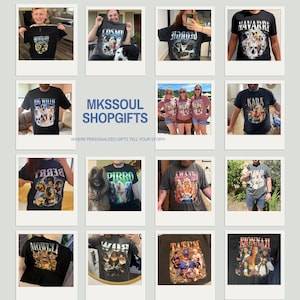 Puede incluir: Colecci&oacute;n de camisetas personalizadas con varias razas de perros y nombres. Las camisetas son de diferentes colores, con textos como "BIG WILLIE", "COSMO", "NAVARRE" y "KARA". Tambi&eacute;n se ve el nombre de la tienda "MKSSOUL SHOPGIFTS".